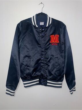 Moma Navy Satin Bomber Jacket with Red & Gold 'M' Patch